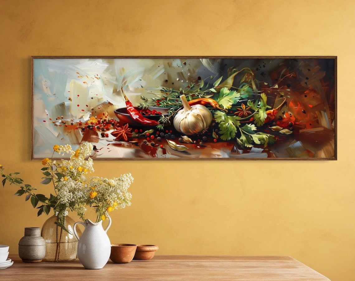 Rustic Spices Herbs Still Life Garlic Chili Pepper Panoramic Print