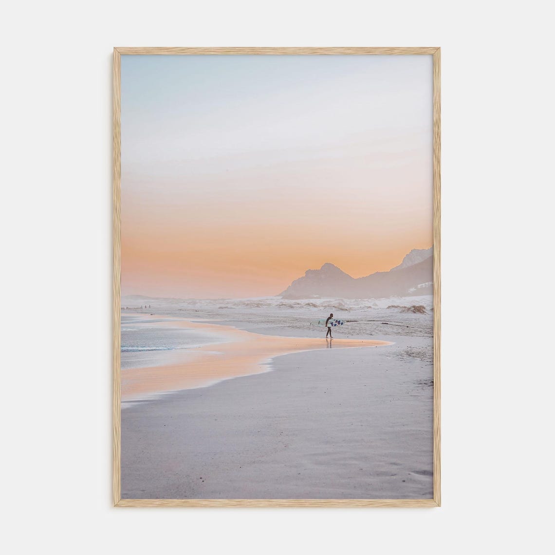 Lone Surfer Walking Beach at Sunset Pastel Sky Photography Poster