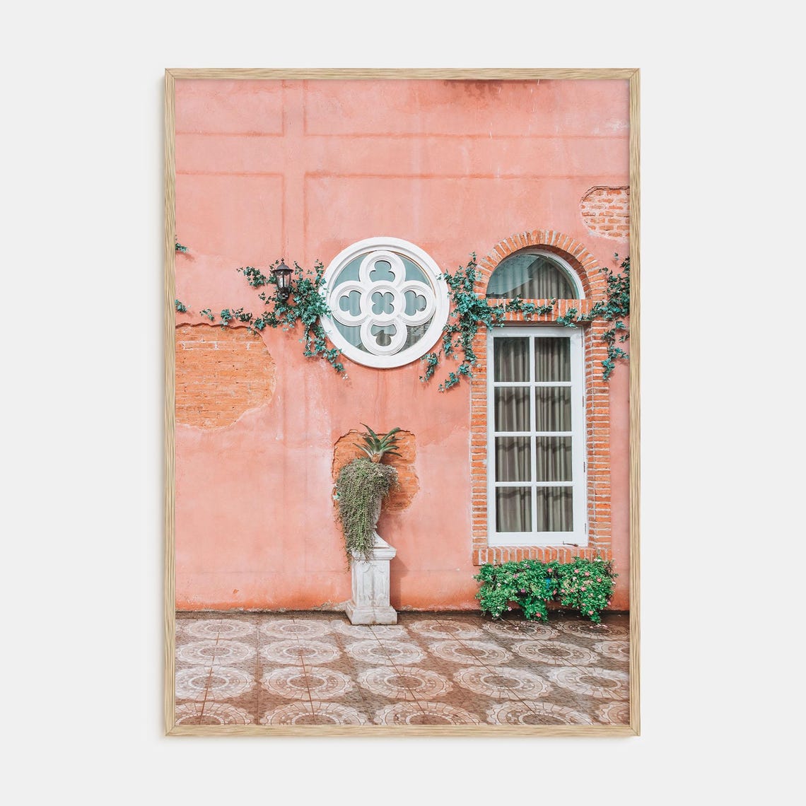 Pink Mediterranean Facade With Round Window and Ivy Vines Poster