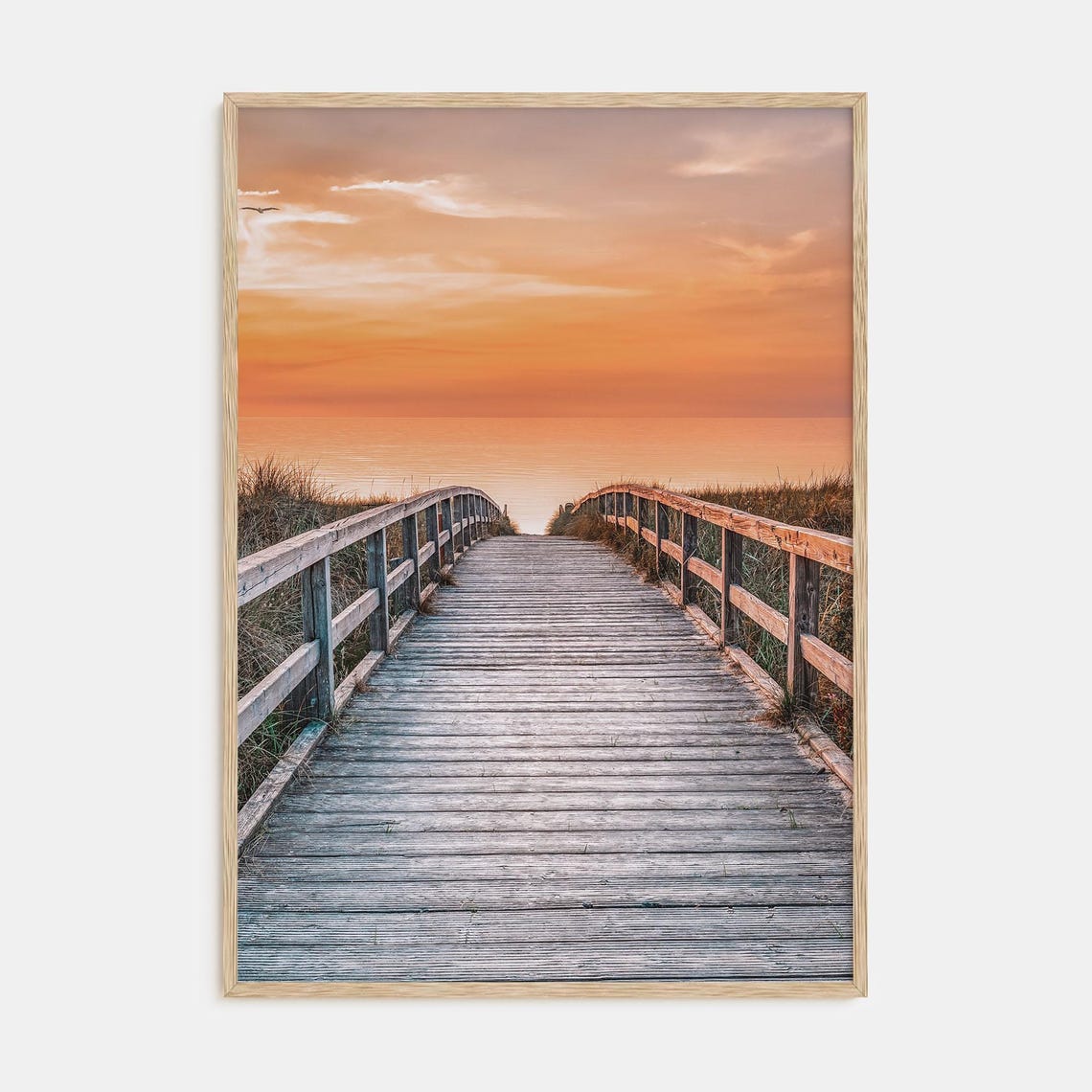 Weathered Wooden Boardwalk Over Dunes to the Ocean at Sunset Poster