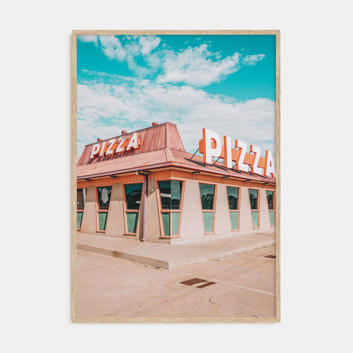 Retro Pizza Restaurant Building with Bold PIZZA Signs Poster