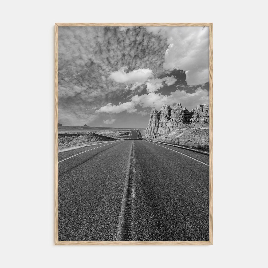 Long Desert Highway to Horizon Black and White Road Photo Poster
