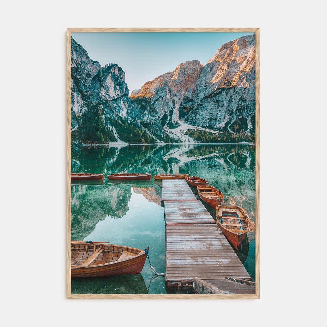 Stunning Alpine Lake With Wooden Pier and Rowboats at Sunrise Poster