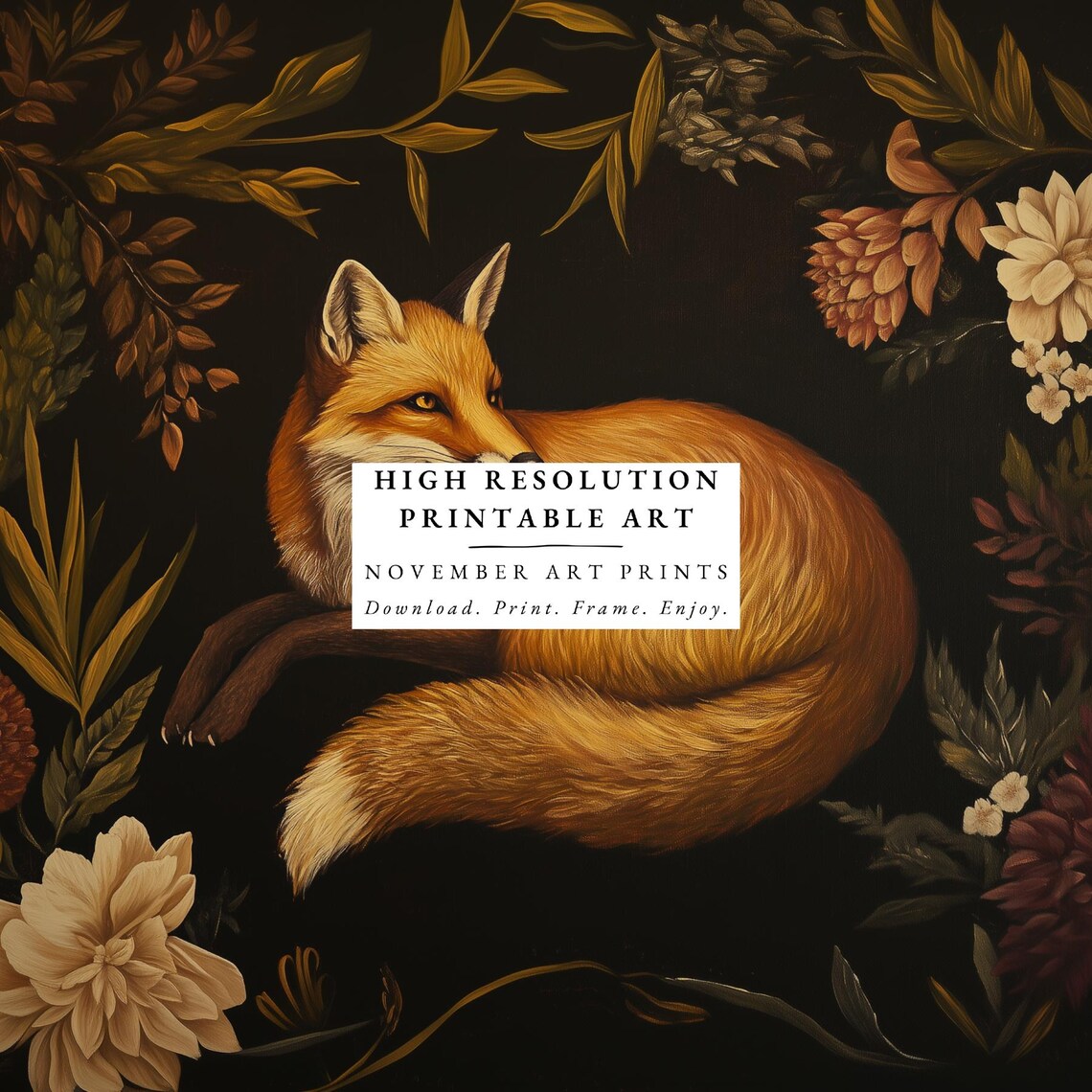 Red Fox Curled Among Dark Florals Victorian Botanical Poster - Image 4