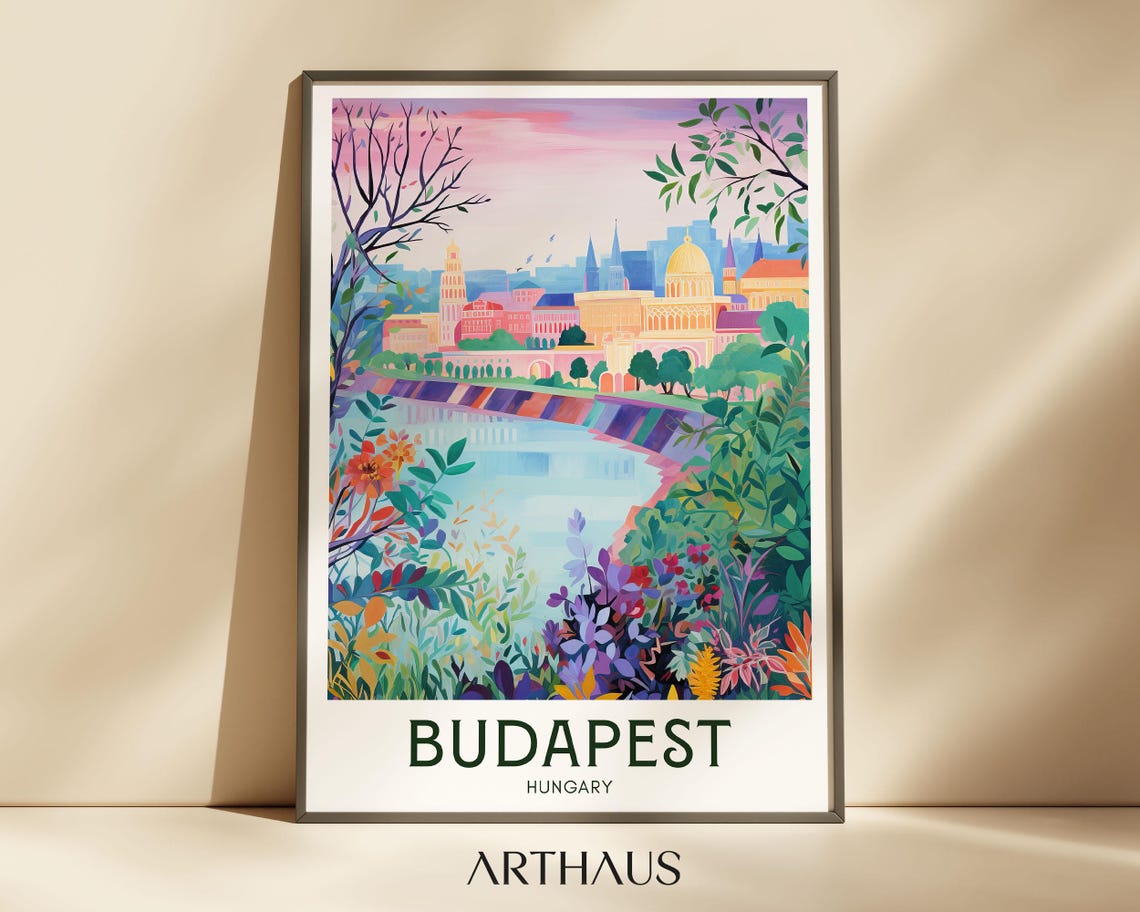 Budapest Hungary River City Botanical Maximalist Travel Poster