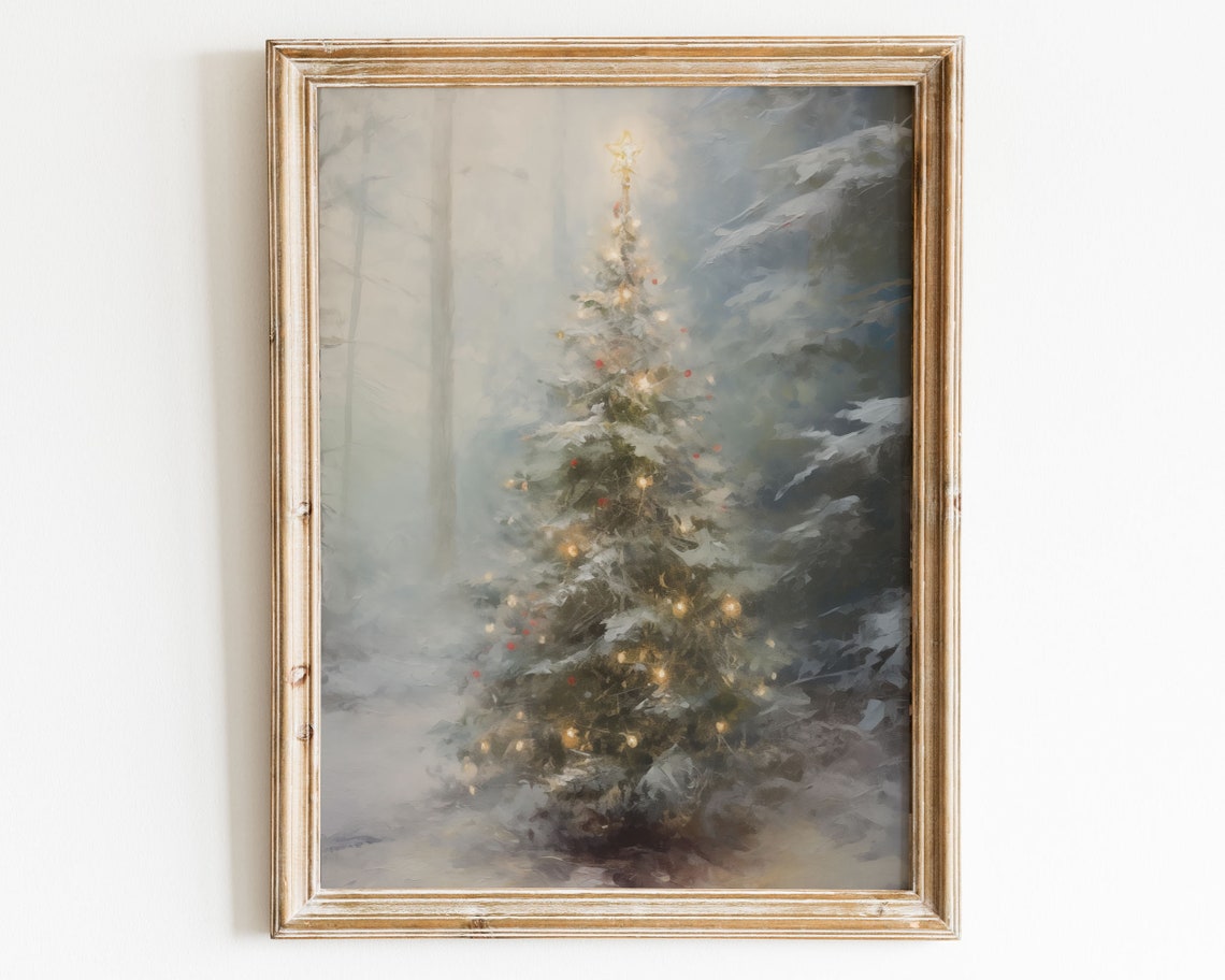 Snowy Christmas Tree in Misty Winter Forest Vintage Painting Poster - Image 3