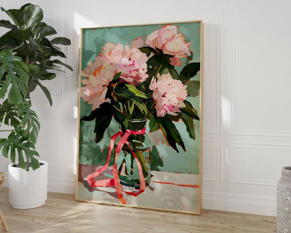 Pink Peonies in Glass Vase Painterly Floral Still Life Print - Image 3