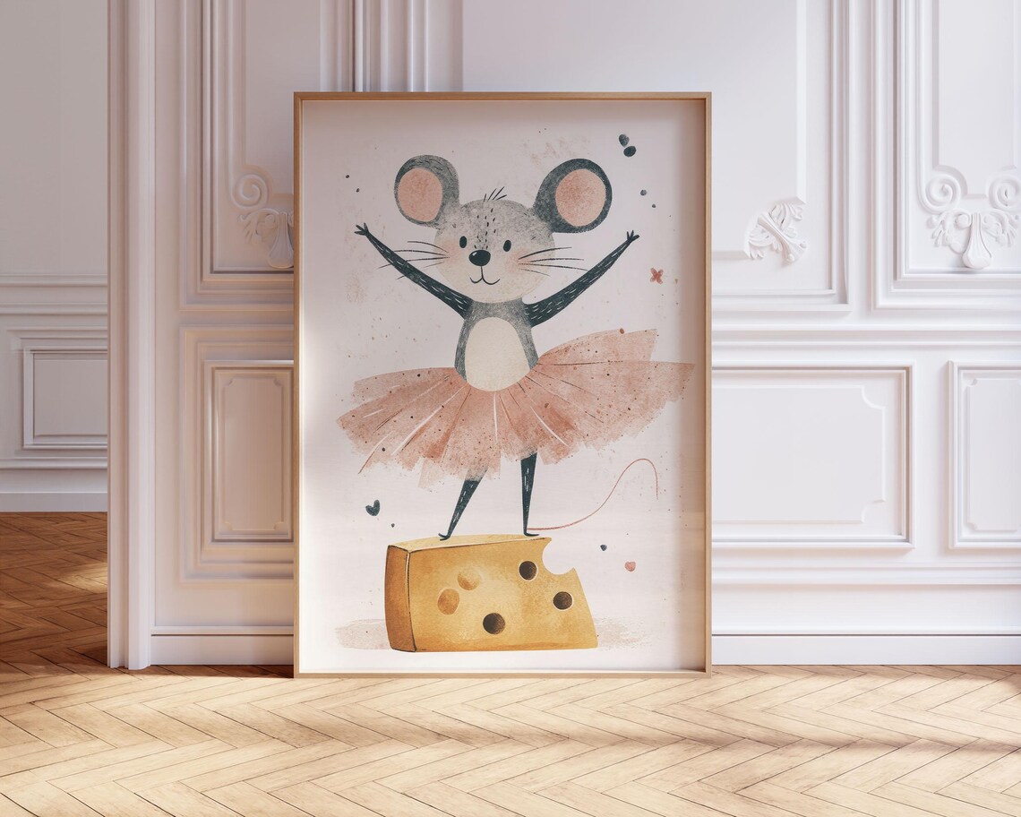Ballerina Mouse In Pink Tutu Watercolor Cute Nursery Art Poster