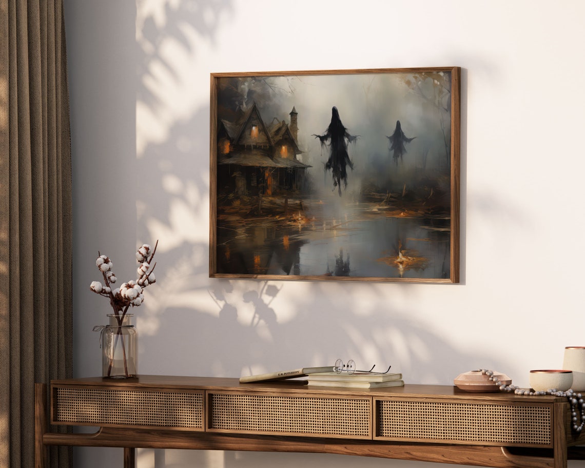 Dark Haunted House With Floating Ghosts On A Foggy Night Poster - Image 3