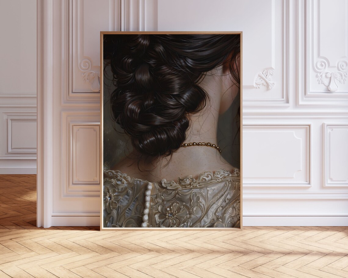 Dark Braided Hair Back View Gold Chain Vintage Beauty Art Poster - Image 3