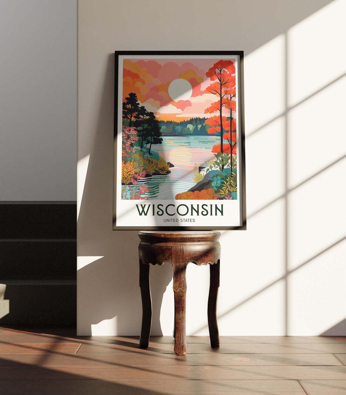 Wisconsin United States Sunset Lake Autumn Retro Travel Poster - Image 3