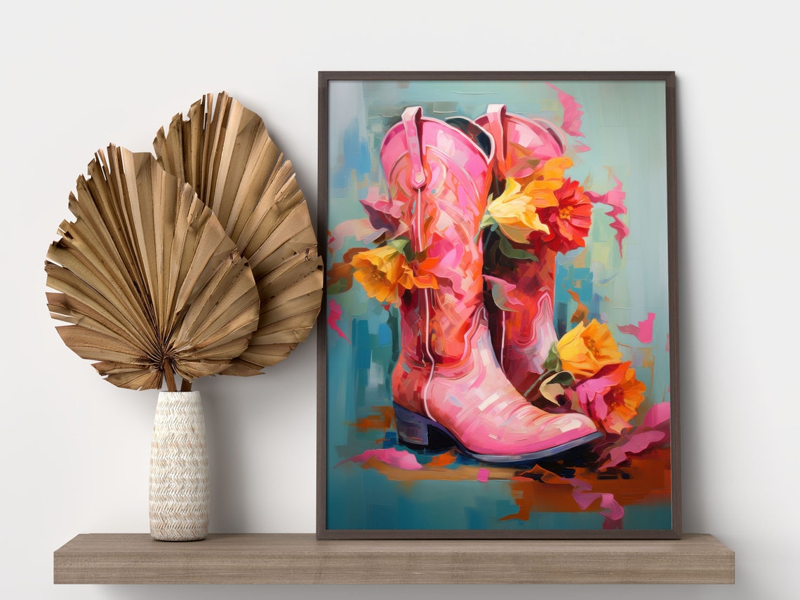 Pink Cowgirl Boots Floral Retro Western Nursery Decor Art Poster - Image 2