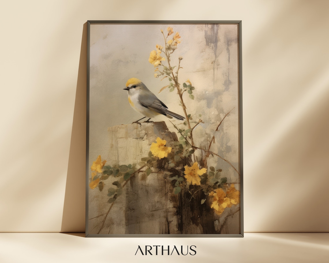 Yellow Crowned Songbird on Stone with Blossom Watercolor Art Print