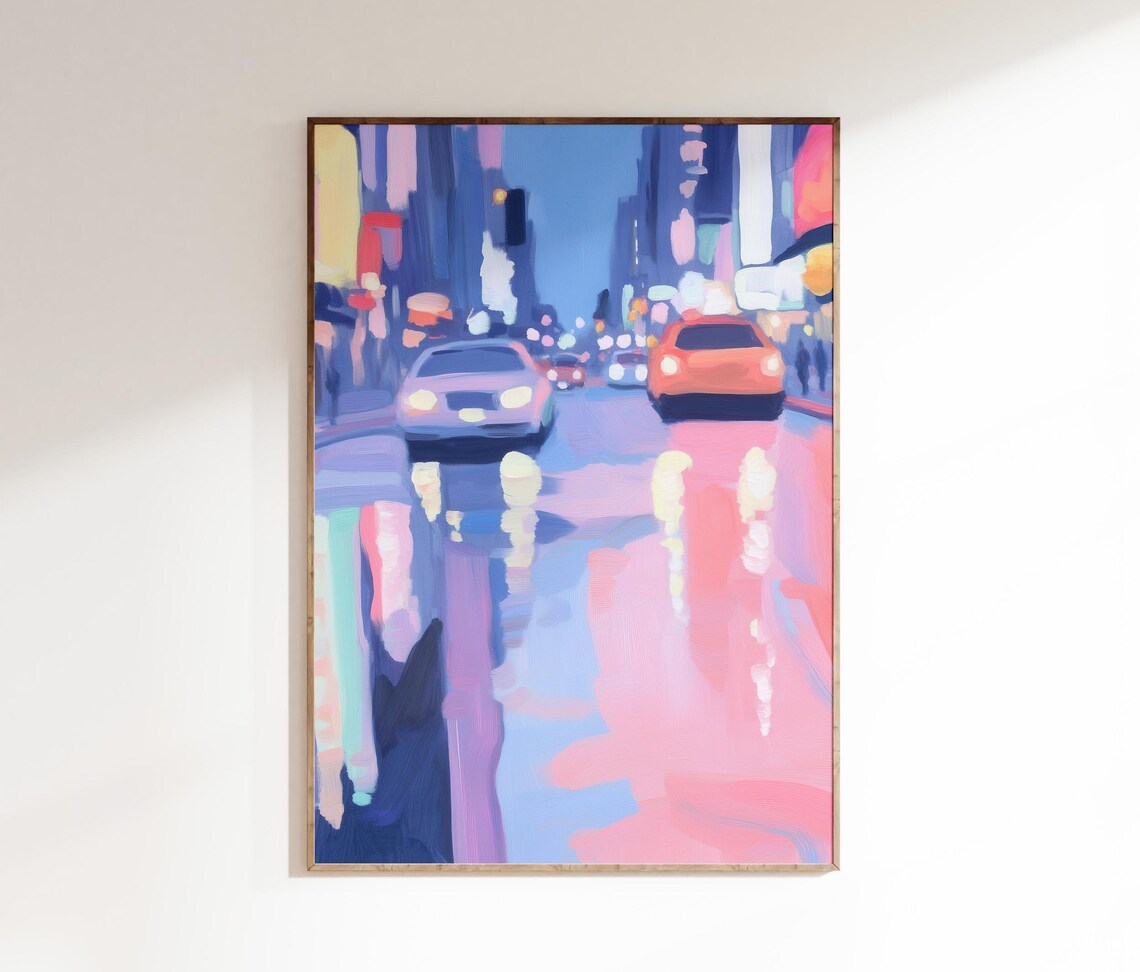 New York Street Pastel Taxis Wet Pavement City Lights Poster