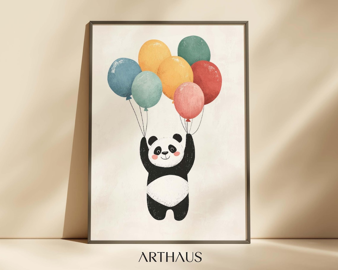 Happy Panda Floating With Pastel Balloons Kids Nursery Wall Art Print