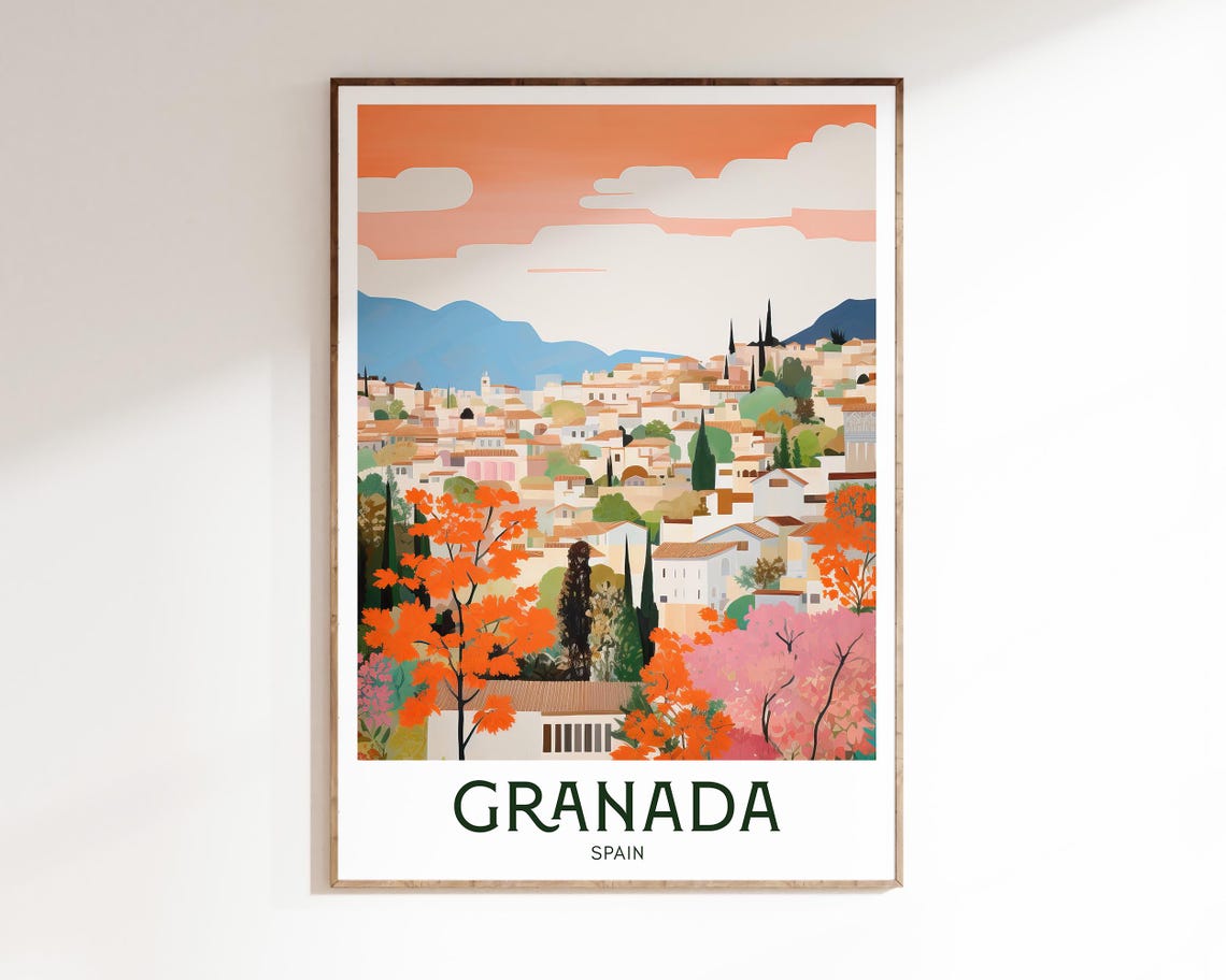 Granada Spain Autumn Hillside Cityscape Warm Retro Travel Poster - Image 3