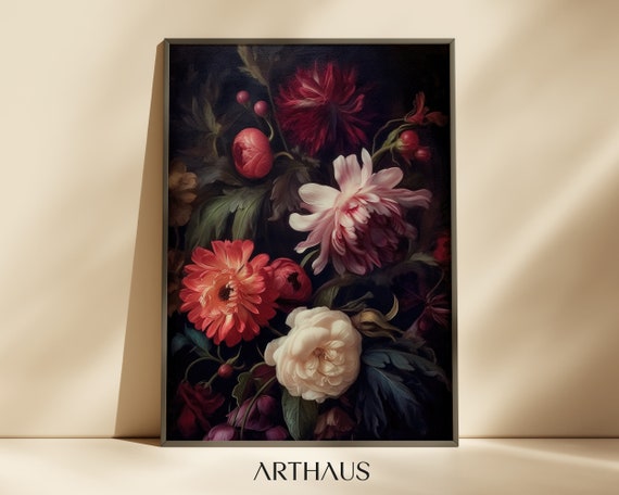 Moody Vintage Flower Art Dark Moody Floral Still Life Oil Painting Art 19th Century Art Instant