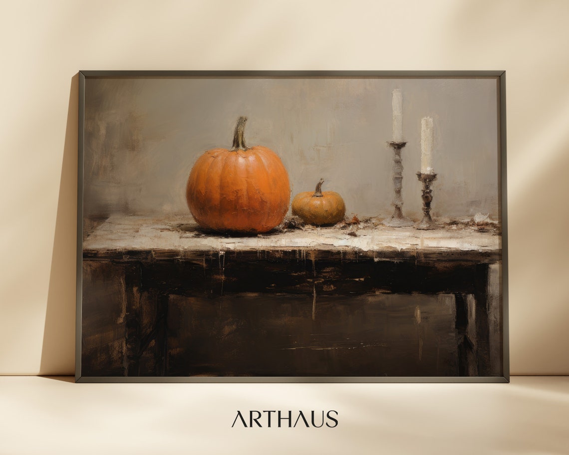 Moody Orange Pumpkins and Candles Rustic Autumn Still Life Poster