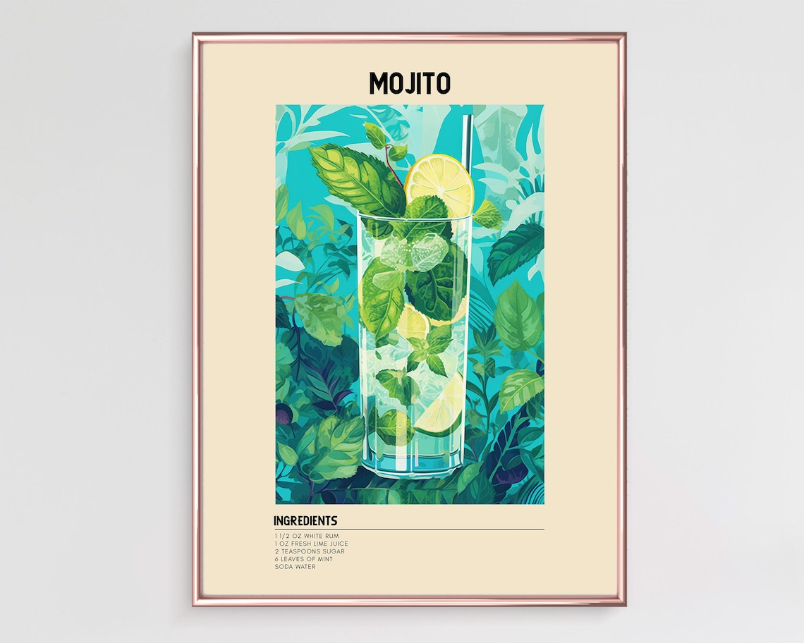 Mojito Cocktail Print, Kitchen Bar Cart Decor