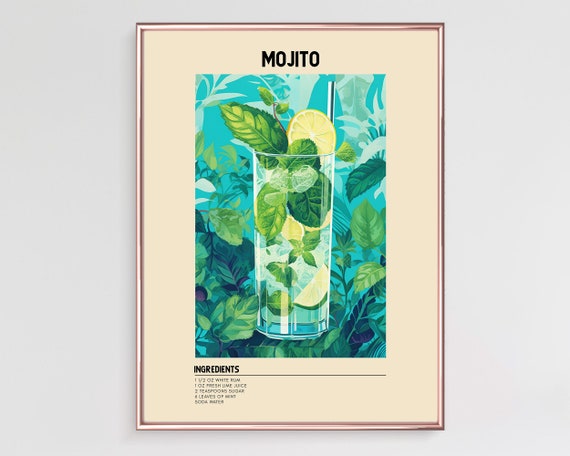 Mojito Cocktail Print, Kitchen Bar Cart Decor