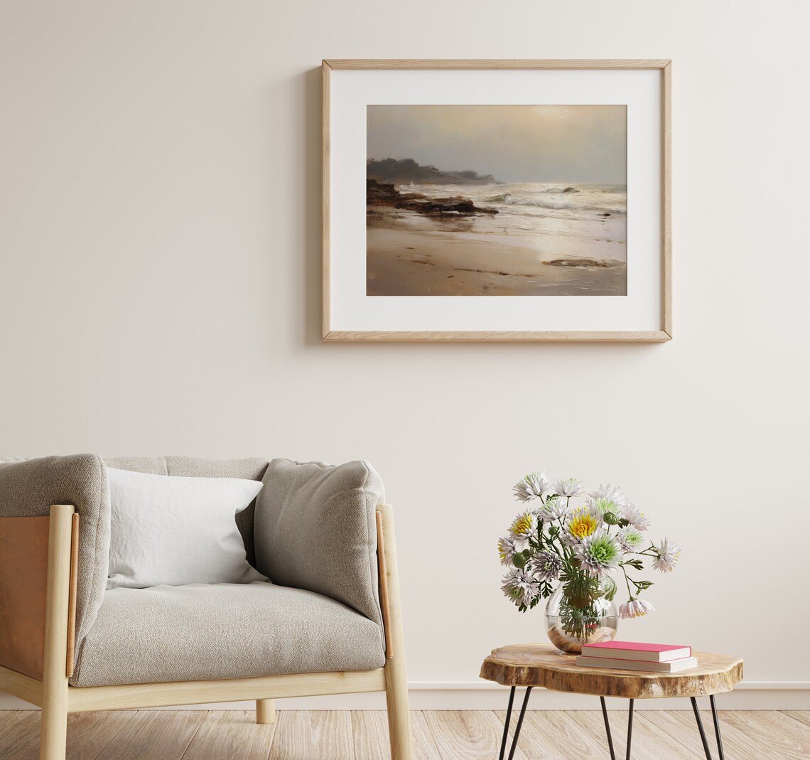 Muted Vintage Coastal Seascape Waves Neutral Shore Art Poster - Image 3