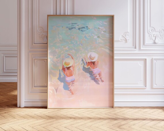 Two Girls In Sun Hats Wading Pastel Ocean Aerial View Poster