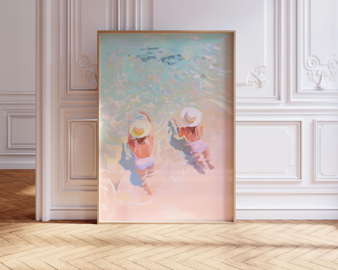 Two Girls In Sun Hats Wading Pastel Ocean Aerial View Poster