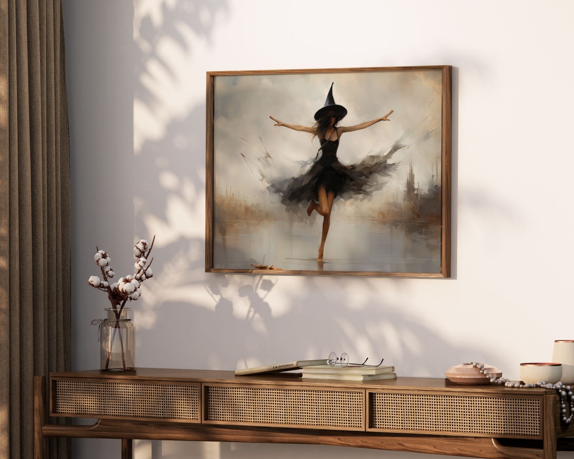 Dancing Witch Painting Moody Black Dress Halloween Art Print - Image 3
