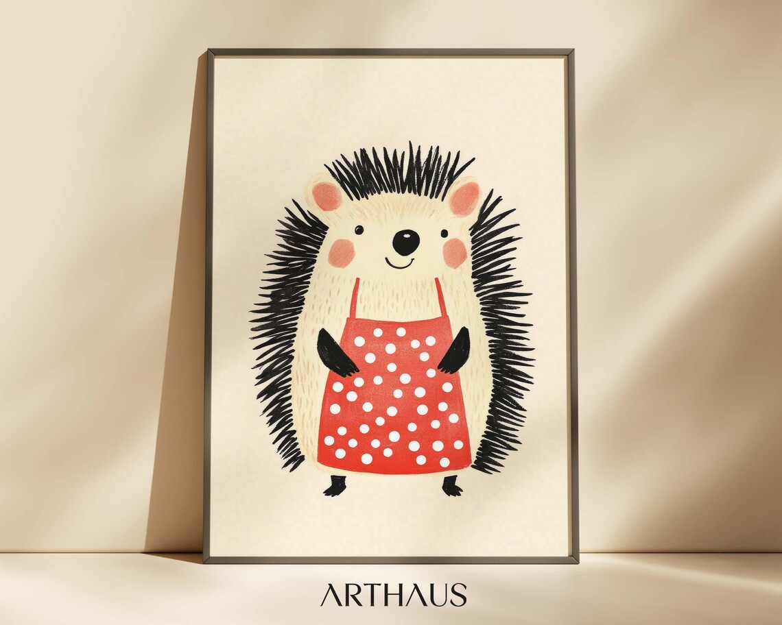 Nursery Hedgehog Wall Art of Cute Animal in Red Polka Dot Dress