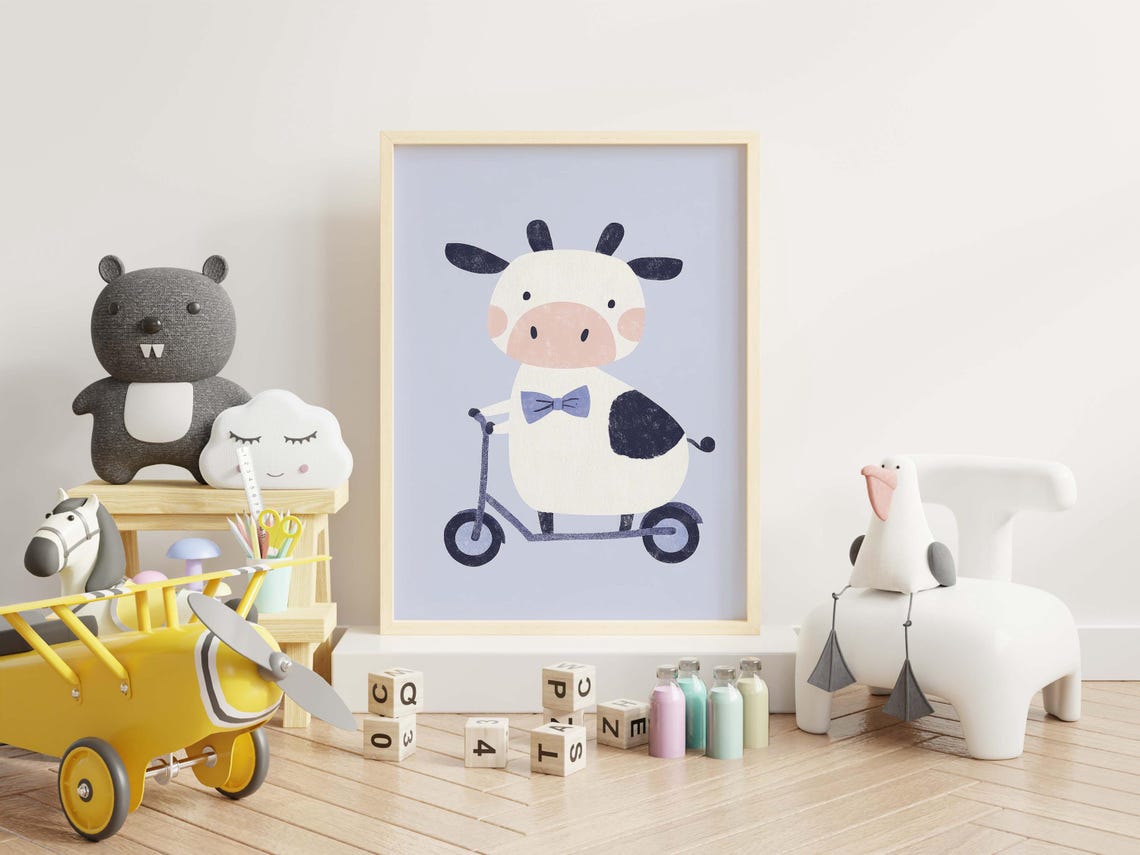 Nursery Cow Wall Art of Cute Animal Riding Scooter with Bow Tie - Image 3