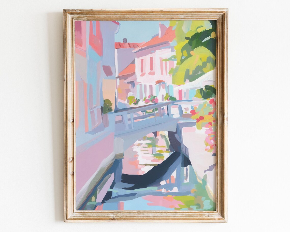 Pastel Canal Bridge Painting Pink Houses Impressionist Summer Poster