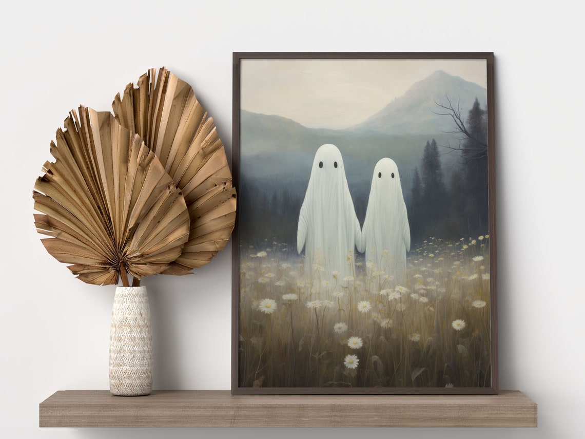 Two Cute Ghosts Holding Hands In A Daisy Wildflower Field Poster - Image 3