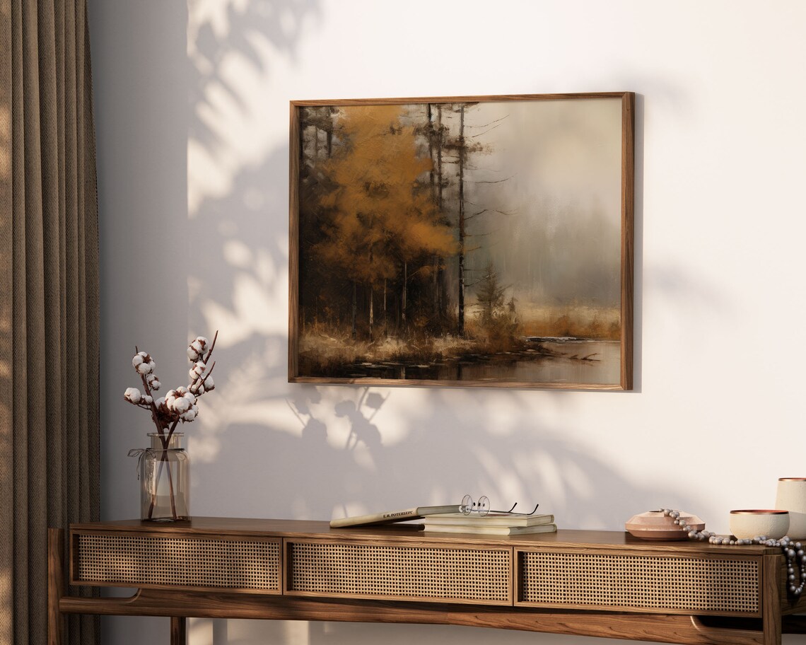 Moody Autumn Lake Golden Trees Foggy Forest Lakeside Art Poster - Image 3