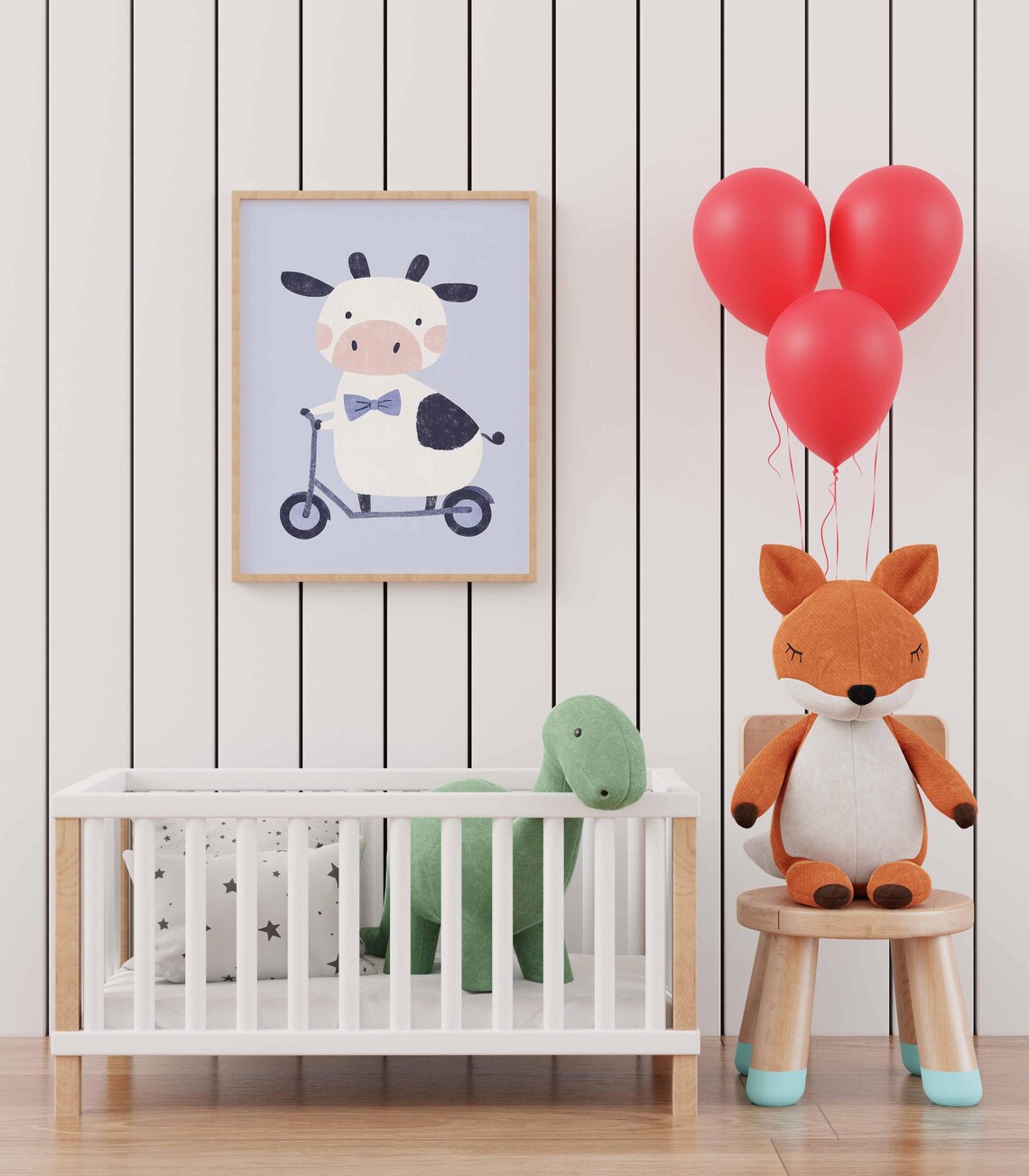 Nursery Cow Wall Art of Cute Animal Riding Scooter with Bow Tie - Image 2