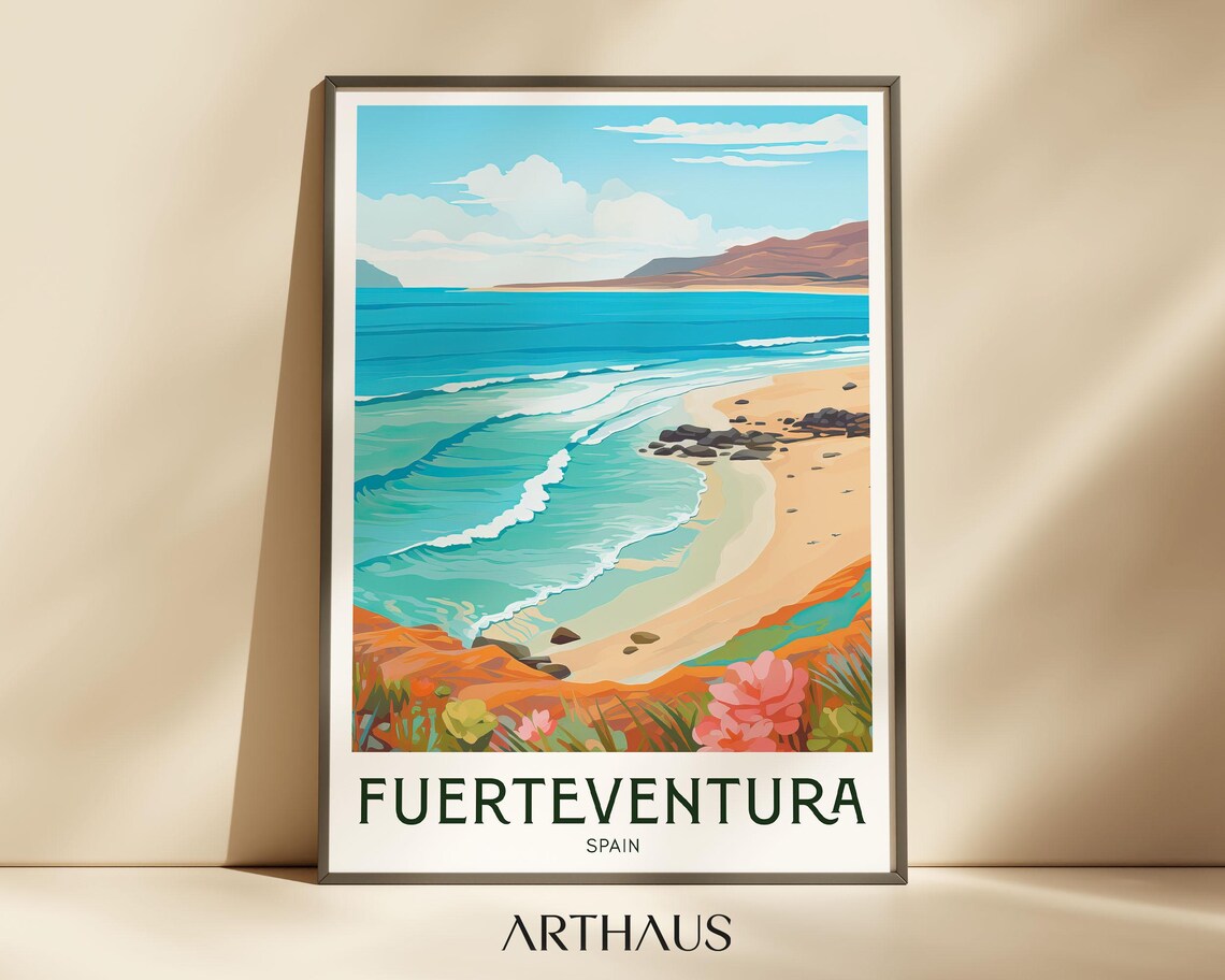 Fuerteventura Spain Turquoise Beach and Volcanic Hills Travel Poster