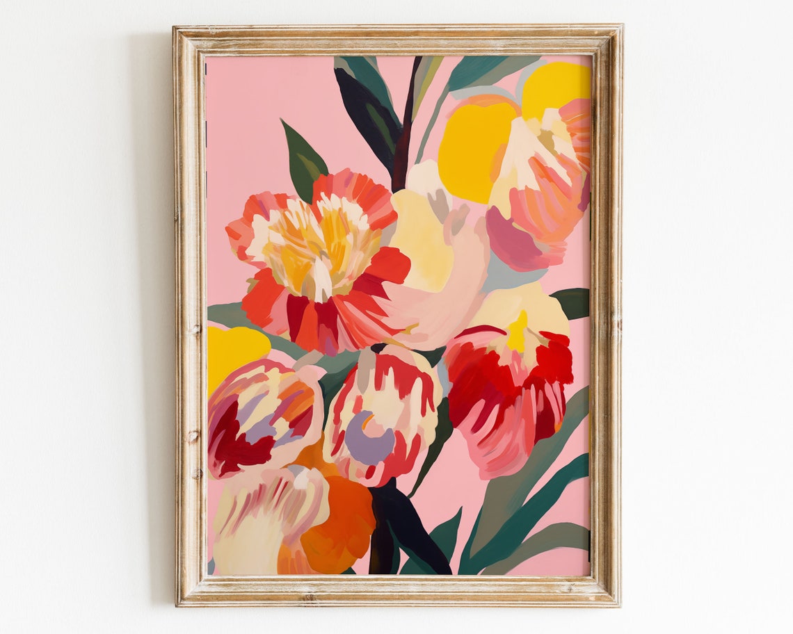 Bold Pink And Red Blossoms Floral Close Up Maximalist Art Print - Image 2