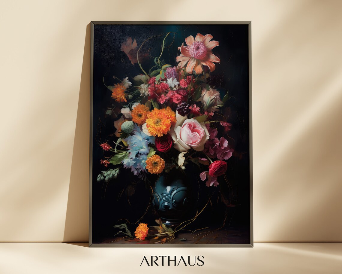 Dark Moody Bouquet Blue Vase Vintage Floral Oil Painting Poster