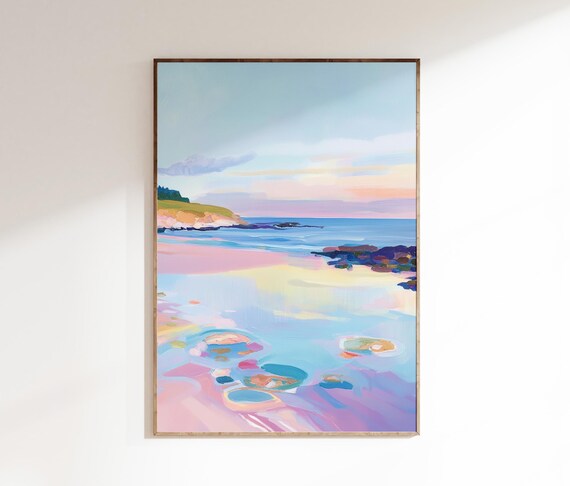 Pastel Beach Sunset Pink Water Rocky Shore Impressionist Art Poster