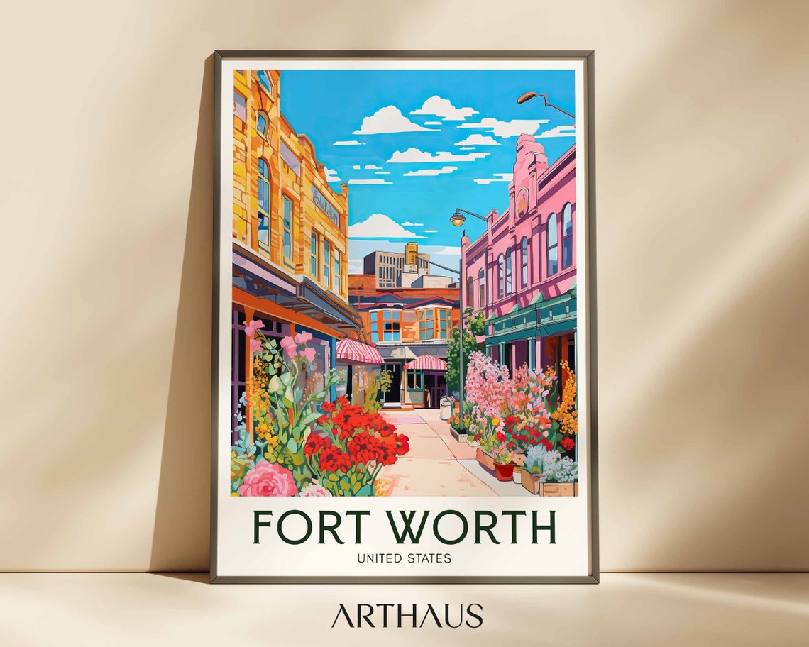 Fort Worth Texas Flower Lined Downtown Street Colorful City Poster