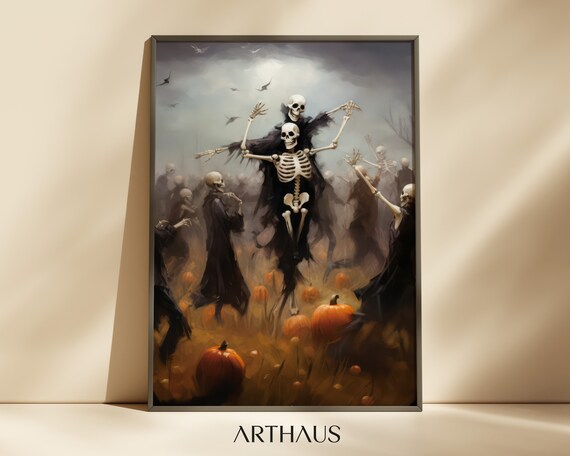 Dancing Skeletons In A Pumpkin Patch At Dusk Painting Poster