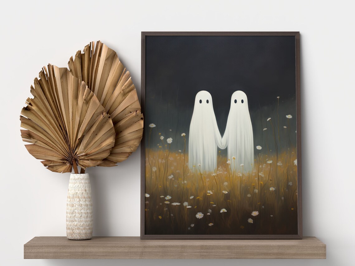 Cute Ghost Couple Holding Hands Halloween Wildflower Art Poster - Image 3