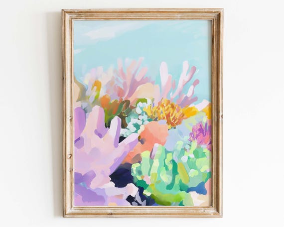 Pastel Sea Coral Painting Girly Apartment Decor Beach Dining Room Art Summer Colourful Wall Impressionist
