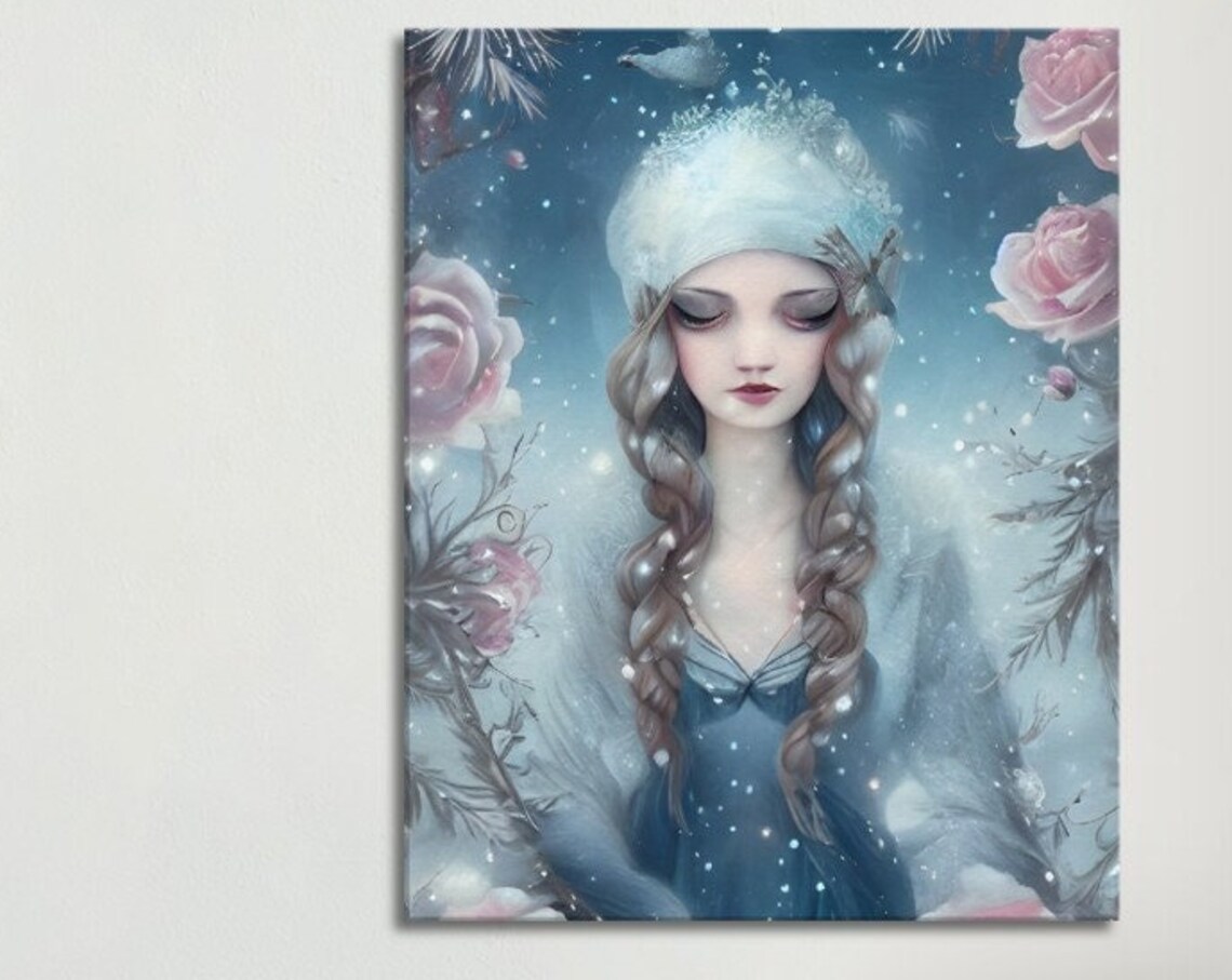 Winter Snow Goddess Portrait Icy Blue Rose Fantasy Art Poster
