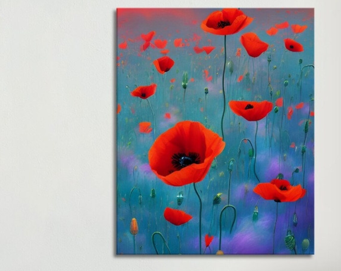 Red Poppies Teal Mist Evening Wildflower Field Scene Art Poster