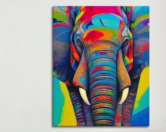 Neon Rainbow Elephant With Tusks Bold Colorful Animal Art Poster