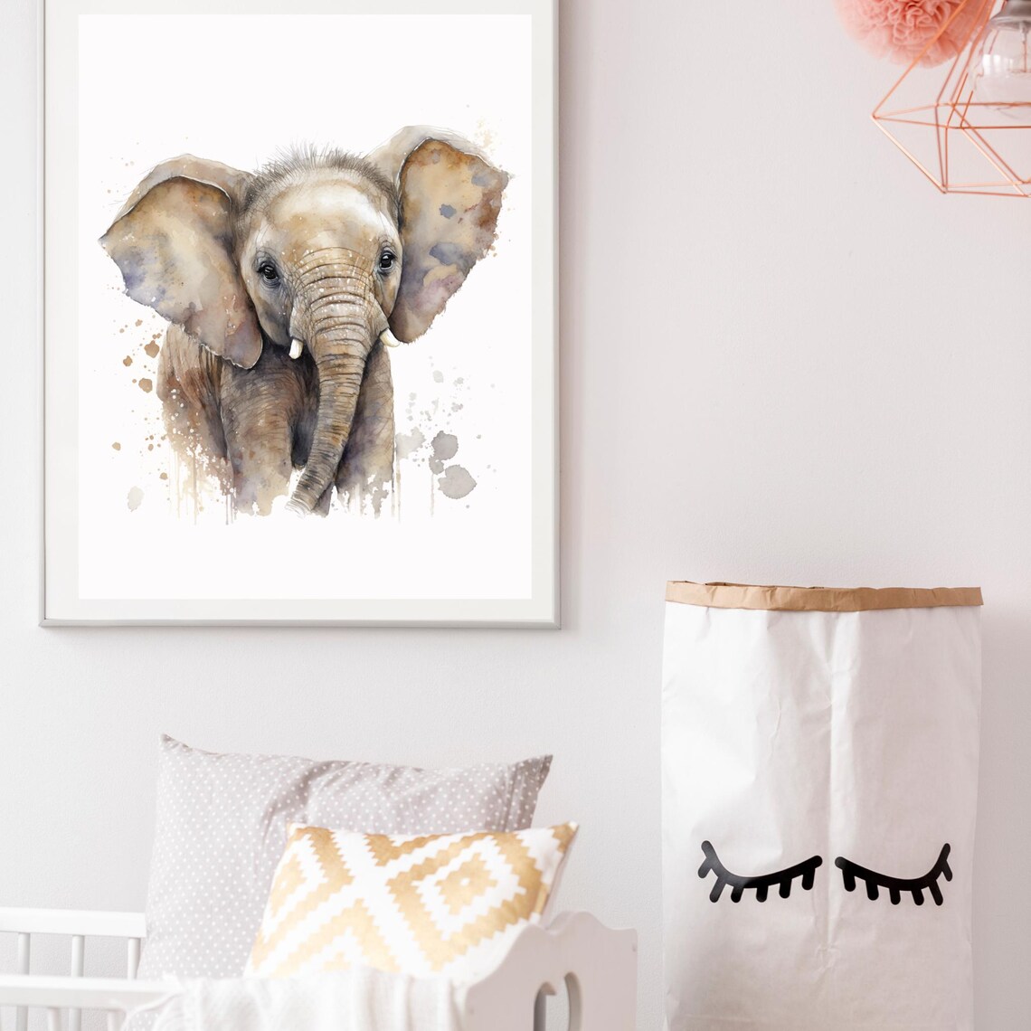 Baby Elephant Watercolor Big Ears Cute Safari Nursery Animal Poster - Image 3