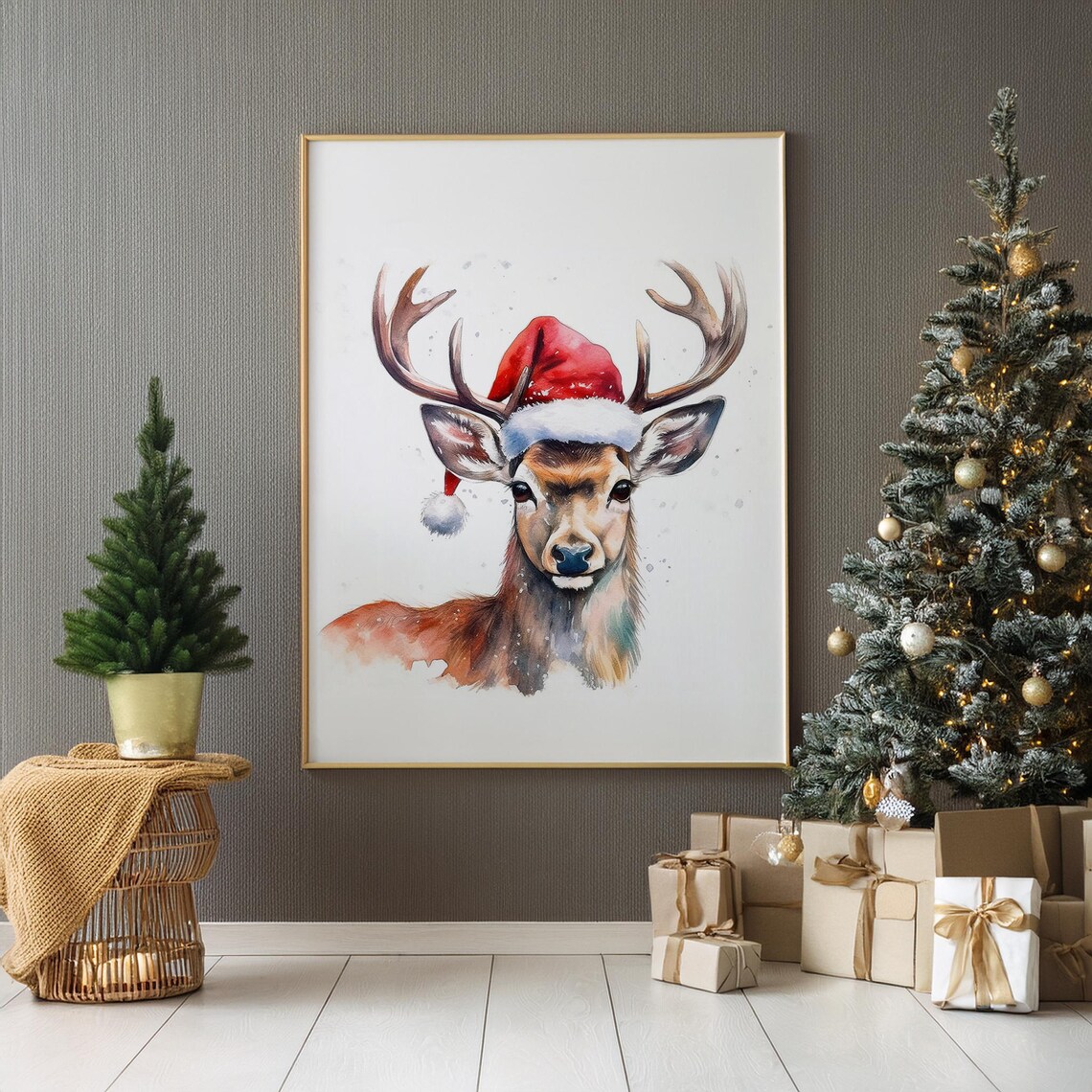 Reindeer in Red Santa Hat Watercolor Christmas Portrait Poster