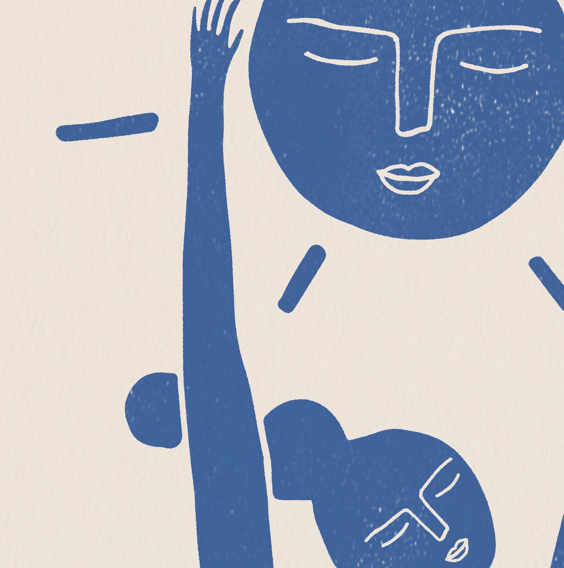 Peaceful Warrior Woodblock Style Art Print in Blue - Image 2