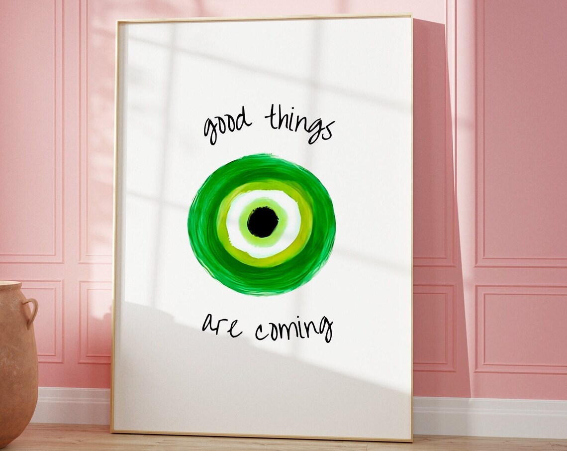 Good Things Are Coming Green Evil Eye Watercolor Quote Wall Art - Image 2