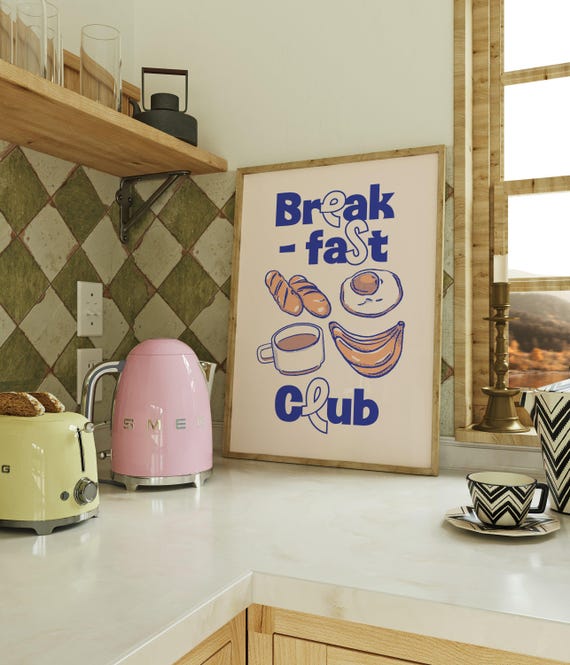 Breakfast Club Print Retro Kitchen Art Modern Diner Food Coffee Wall Decor Pop Brunch Beige Blue